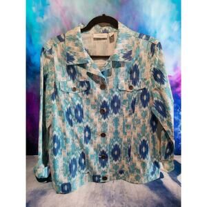 Chicos Tribal Jean Jacket Button Linen Blend Southwest Blue White Turquoise Sz 2